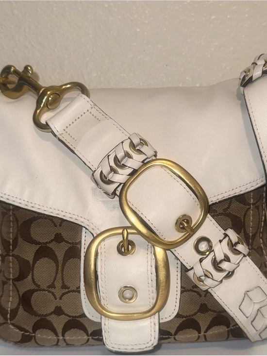 Coach Handbags - Coach White and Brown Signature Shoulder Bag with Brass Buckles
